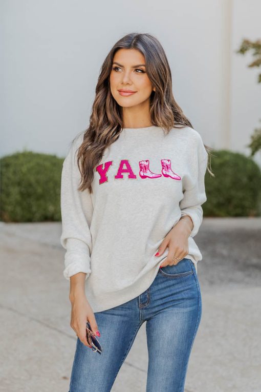 Best Pirce 🎁 Pink Lily Y'all Chenille Boot Patch Graphic Sweatshirt FINAL SALE 🔔 -Tees Shop