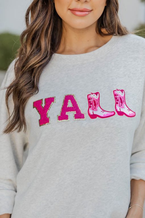 Best Pirce 🎁 Pink Lily Y'all Chenille Boot Patch Graphic Sweatshirt FINAL SALE 🔔 -Tees Shop