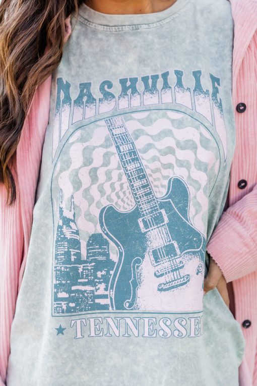 Buy ✨ Pink Lily Nashville Sage Acid Wash Rolled Sleeve Graphic Tee 🧨 -Tees Shop