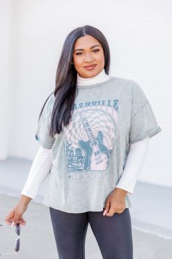 Buy ✨ Pink Lily Nashville Sage Acid Wash Rolled Sleeve Graphic Tee 🧨 -Tees Shop 187744 18 650x