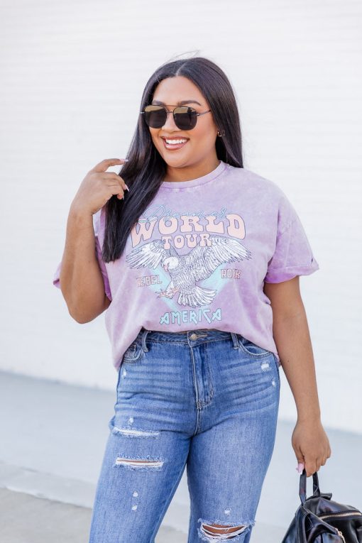 Coupon ⌛ Pink Lily World Tour Lilac Acid Wash Rolled Sleeve Graphic Tee 🎉 -Tees Shop