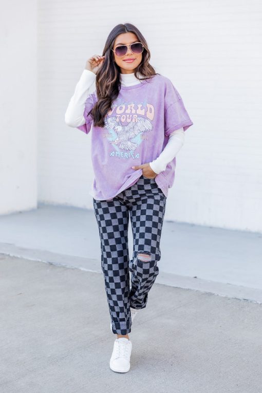 Coupon ⌛ Pink Lily World Tour Lilac Acid Wash Rolled Sleeve Graphic Tee 🎉 -Tees Shop