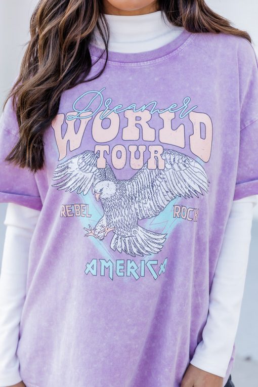 Coupon ⌛ Pink Lily World Tour Lilac Acid Wash Rolled Sleeve Graphic Tee 🎉 -Tees Shop