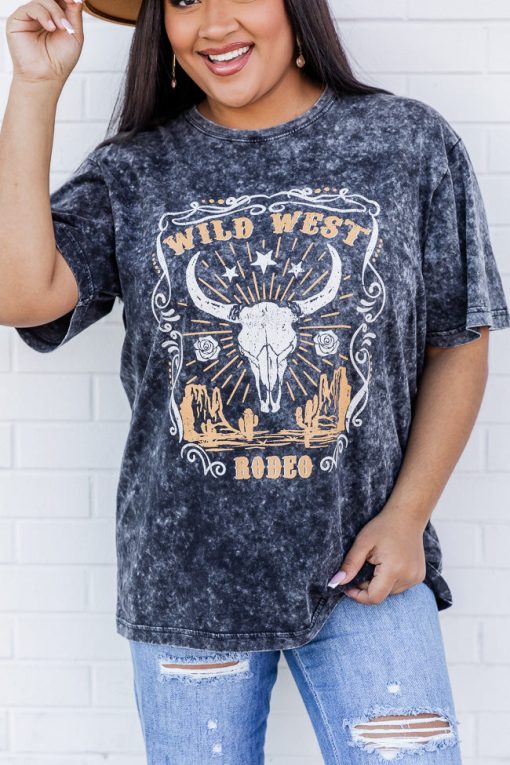 Best Pirce 👏 Pink Lily Longhorn Black Acid Wash Oversized Graphic Tee ❤️ -Tees Shop