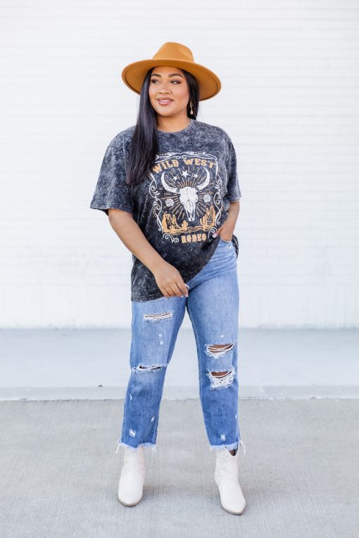 Best Pirce 👏 Pink Lily Longhorn Black Acid Wash Oversized Graphic Tee ❤️ -Tees Shop