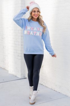 Top 10 ⭐ Pink Lily Sweater Weather Light Blue Chenille Patch Graphic Sweatshirt 🔔 -Tees Shop 189030 2 650x