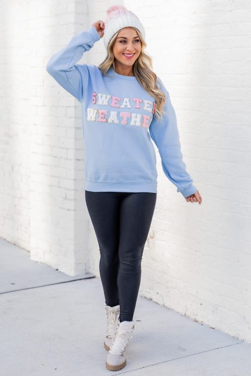 Top 10 ⭐ Pink Lily Sweater Weather Light Blue Chenille Patch Graphic Sweatshirt 🔔 -Tees Shop