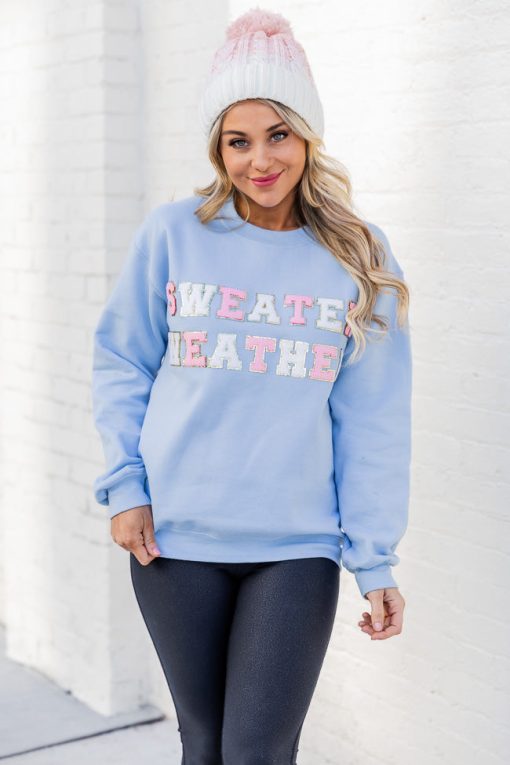 Top 10 ⭐ Pink Lily Sweater Weather Light Blue Chenille Patch Graphic Sweatshirt 🔔 -Tees Shop