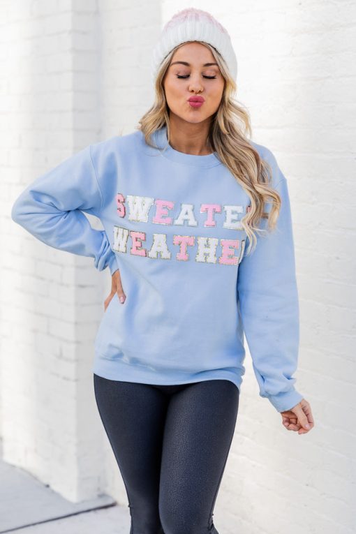 Top 10 ⭐ Pink Lily Sweater Weather Light Blue Chenille Patch Graphic Sweatshirt 🔔 -Tees Shop