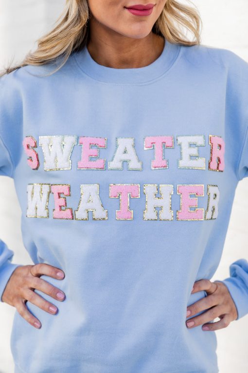 Top 10 ⭐ Pink Lily Sweater Weather Light Blue Chenille Patch Graphic Sweatshirt 🔔 -Tees Shop