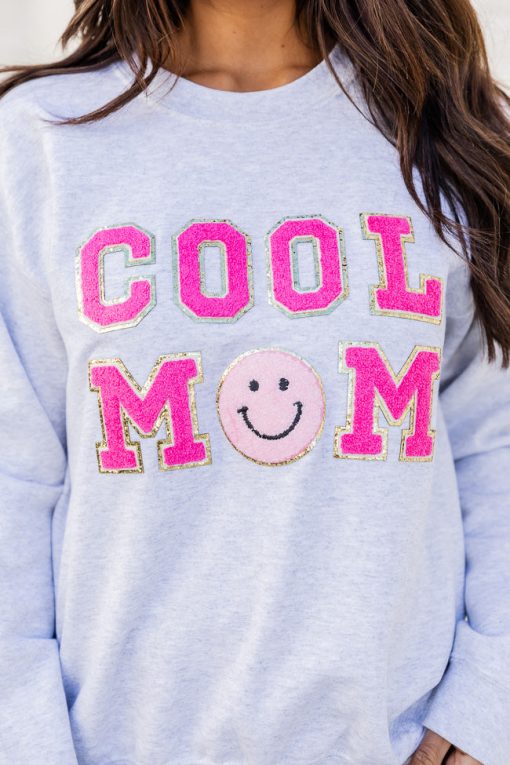 Best Sale ⭐ Pink Lily Cool Mom Smiley Ash Chenille Patch Graphic Sweatshirt 🎉 -Tees Shop