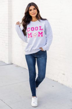 Best Sale ⭐ Pink Lily Cool Mom Smiley Ash Chenille Patch Graphic Sweatshirt 🎉 -Tees Shop 189032 4 650x