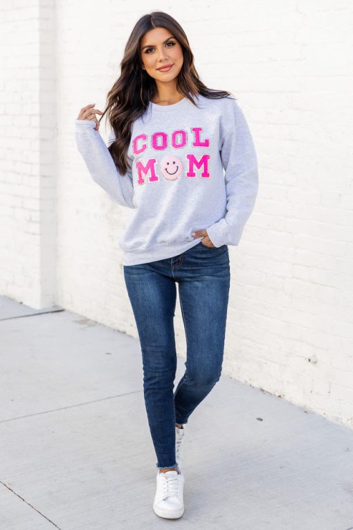 Best Sale ⭐ Pink Lily Cool Mom Smiley Ash Chenille Patch Graphic Sweatshirt 🎉 -Tees Shop