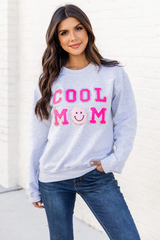 Best Sale ⭐ Pink Lily Cool Mom Smiley Ash Chenille Patch Graphic Sweatshirt 🎉 -Tees Shop