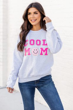 Best Sale ⭐ Pink Lily Cool Mom Smiley Ash Chenille Patch Graphic Sweatshirt 🎉 -Tees Shop 189032 7 650x