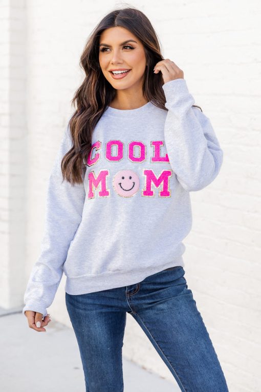 Best Sale ⭐ Pink Lily Cool Mom Smiley Ash Chenille Patch Graphic Sweatshirt 🎉 -Tees Shop