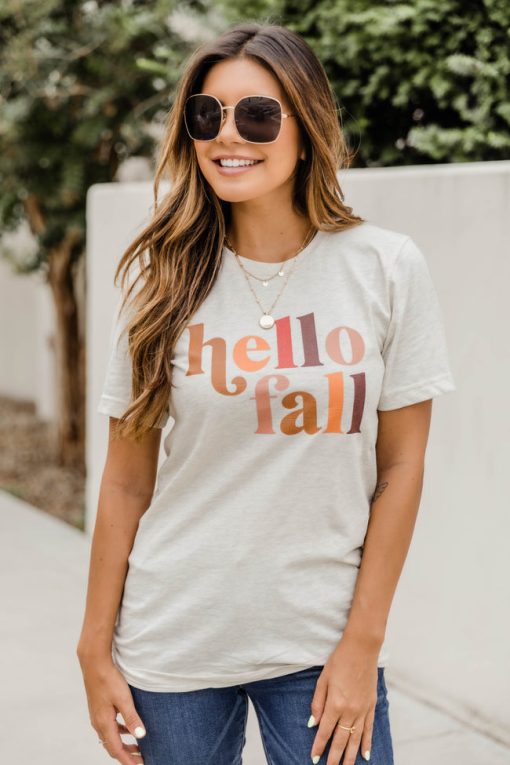 Best Sale 😀 Pink Lily Hello Fall Multicolor Graphic Oatmeal Tee 😉 -Tees Shop