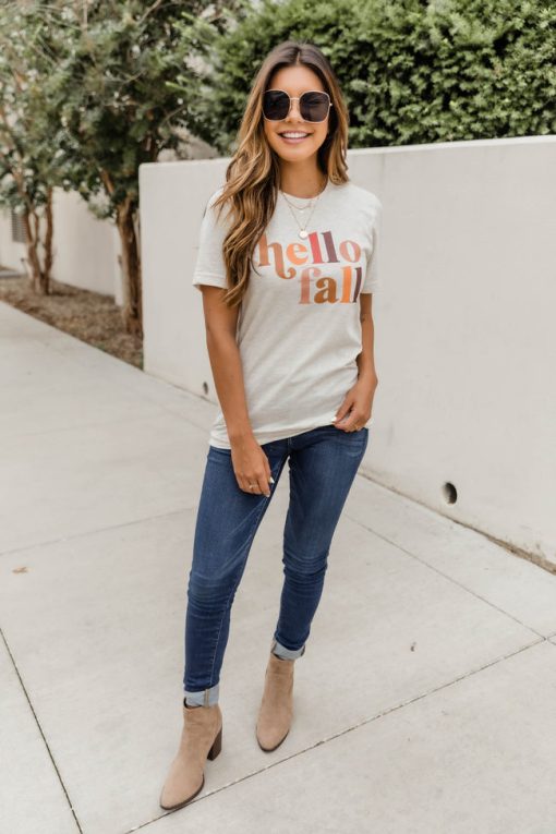 Best Sale 😀 Pink Lily Hello Fall Multicolor Graphic Oatmeal Tee 😉 -Tees Shop