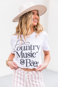 Buy ✔️ Pink Lily Country Music And Beer White Graphic Tee ❤️ -Tees Shop 1K0A0830 650x