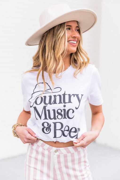 Buy ✔️ Pink Lily Country Music And Beer White Graphic Tee ❤️ -Tees Shop