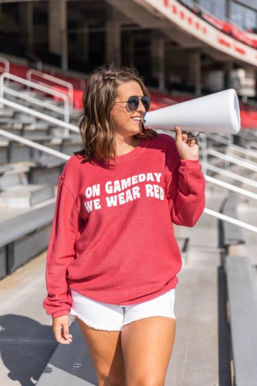 Discount ⌛ Pink Lily On Gameday We Wear Red Corded Graphic Sweatshirt ❤️ -Tees Shop 1K0A1389 f54e3c35 01aa 4bf0 b20a