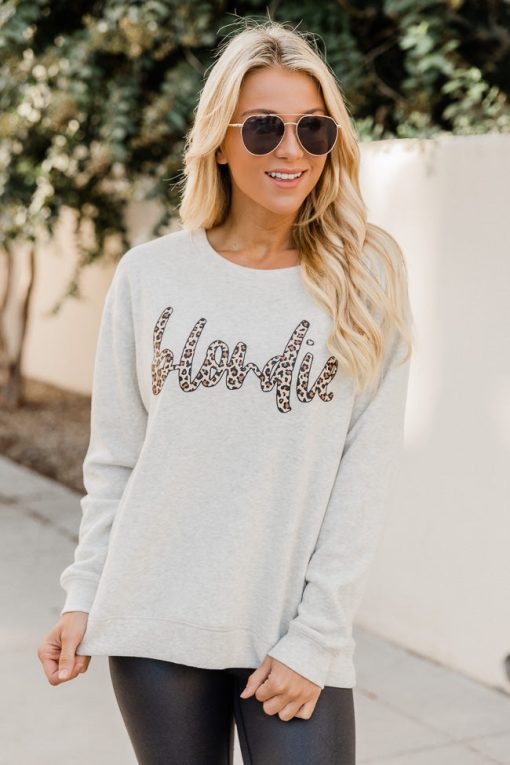 Discount 🔥 Pink Lily Blondie Animal Print Heather Sand Graphic Sweatshirt 🛒 -Tees Shop