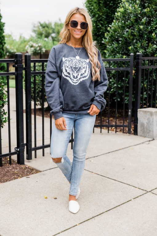 Deals 🛒 Pink Lily White Tiger Dark Heather Graphic Sweatshirt ❤️ -Tees Shop