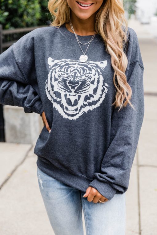 Deals 🛒 Pink Lily White Tiger Dark Heather Graphic Sweatshirt ❤️ -Tees Shop