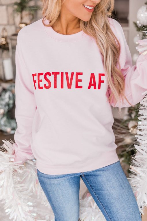 Flash Sale 💯 Pink Lily Festive AF Light Pink Graphic Sweatshirt ✔️ -Tees Shop