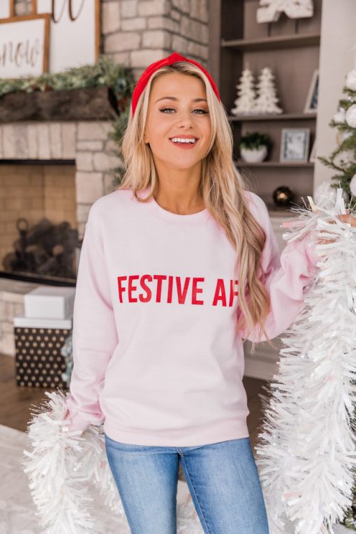 Flash Sale 💯 Pink Lily Festive AF Light Pink Graphic Sweatshirt ✔️ -Tees Shop