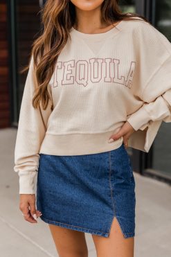 Outlet ✔️ Pink Lily Tequila Block Cropped Corded Graphic Cream Sweatshirt 🤩 -Tees Shop 1K0A4450 2 650x