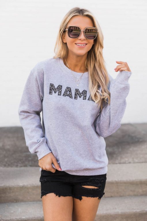 Outlet 💯 Pink Lily Mama Animal Print Grey Sweatshirt 👏 -Tees Shop