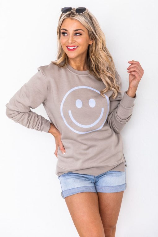 Discount 🤩 Pink Lily Blue Smiley Face Super Soft Fleece Tan Graphic Sweatshirt 👏 -Tees Shop