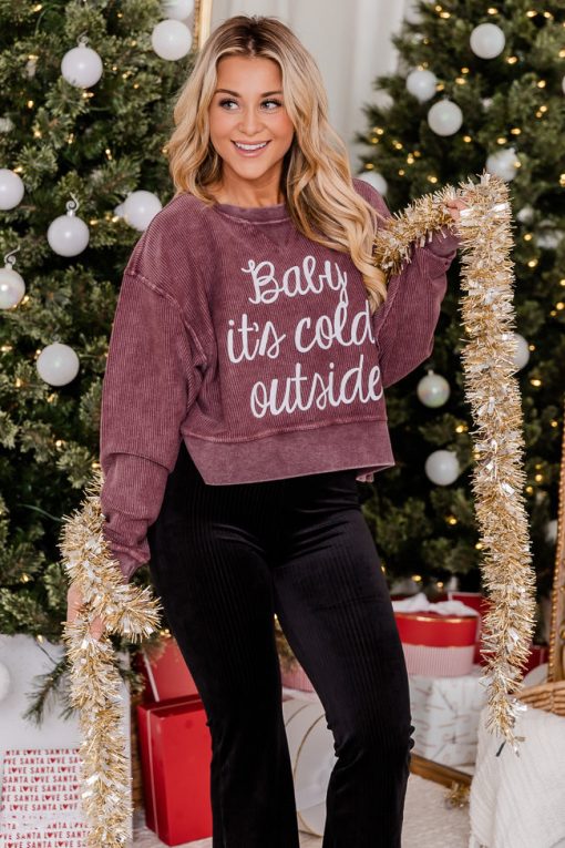 Top 10 🛒 Pink Lily Baby It's Cold Outside Cropped Corded Maroon Graphic Sweatshirt 🤩 -Tees Shop