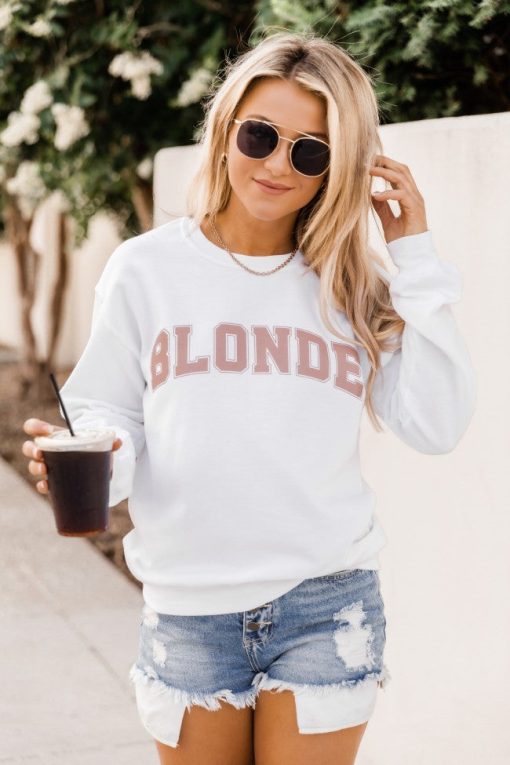 Best reviews of 🎉 Pink Lily Blonde Varsity Graphic White Sweatshirt 🎉 -Tees Shop