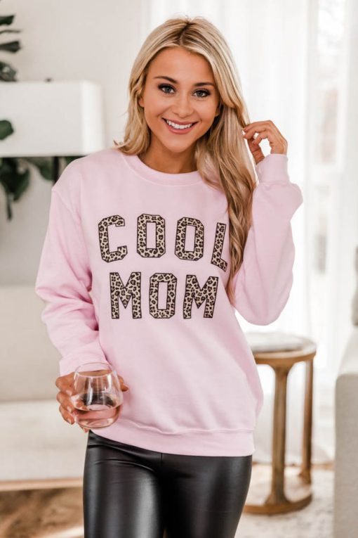 Best Sale 😀 Pink Lily Cool Mom Animal Print Graphic Pink Sweatshirt 😍 -Tees Shop