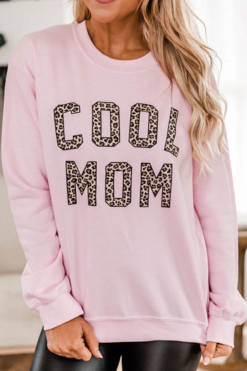 Best Sale 😀 Pink Lily Cool Mom Animal Print Graphic Pink Sweatshirt 😍 -Tees Shop