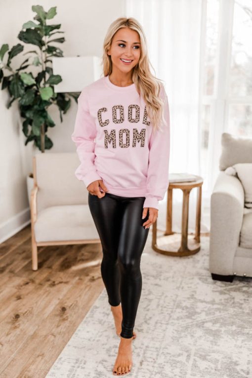 Best Sale 😀 Pink Lily Cool Mom Animal Print Graphic Pink Sweatshirt 😍 -Tees Shop