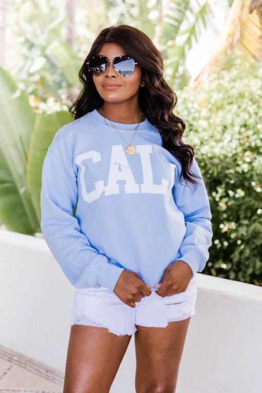 Best deal 👏 Pink Lily Cali Distressed Light Blue Graphic Sweatshirt 😀 -Tees Shop