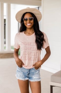 Best deal 🎁 Pink Lily Howdy Wave Graphic Peach Tee 🎁 -Tees Shop 1K0A7106 650x