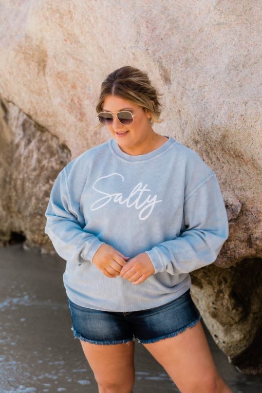 Top 10 👍 Pink Lily Salty Script Corded Graphic Faded Denim Sweatshirt ✔️ -Tees Shop