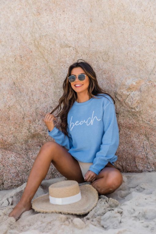 Discount 👏 Pink Lily Beach Script Blue Corded Graphic Sweatshirt 😍 -Tees Shop