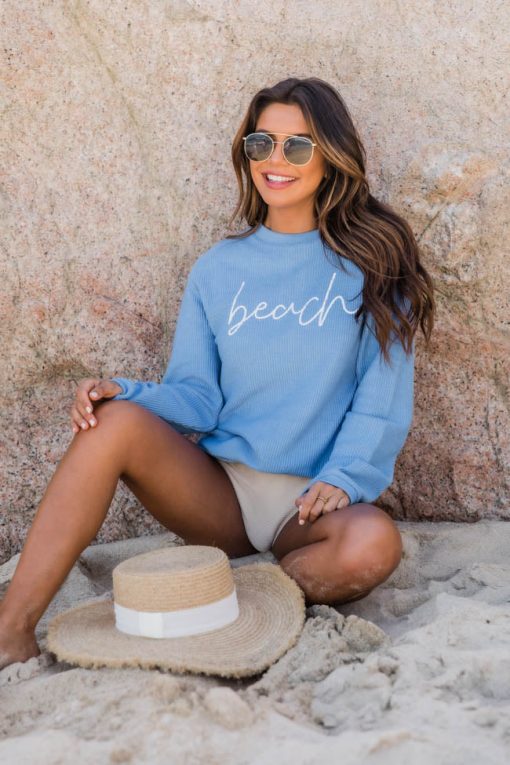 Discount 👏 Pink Lily Beach Script Blue Corded Graphic Sweatshirt 😍 -Tees Shop 1K0A7224 3847e33d df26 4c2d ab3b