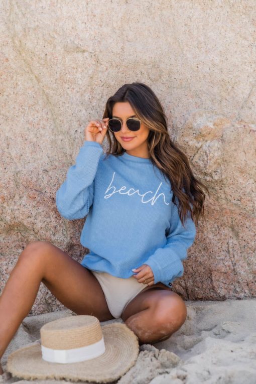 Discount 👏 Pink Lily Beach Script Blue Corded Graphic Sweatshirt 😍 -Tees Shop