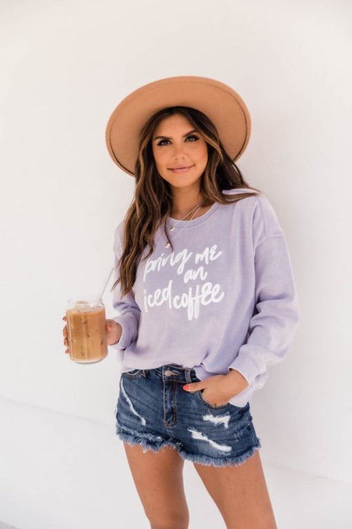 Best reviews of 🔔 Pink Lily Bring Me An Iced Coffee Graphic Soft Lavender Sweatshirt 👍 -Tees Shop