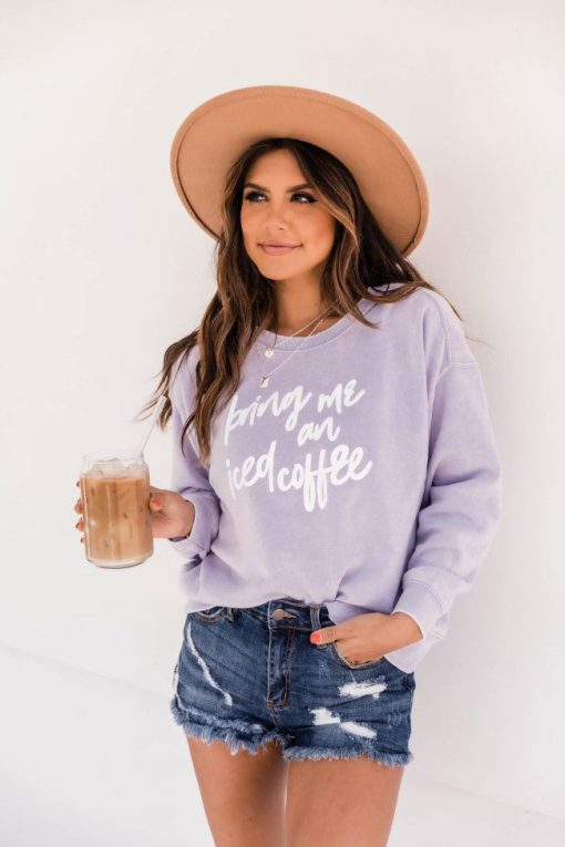 Best reviews of 🔔 Pink Lily Bring Me An Iced Coffee Graphic Soft Lavender Sweatshirt 👍 -Tees Shop