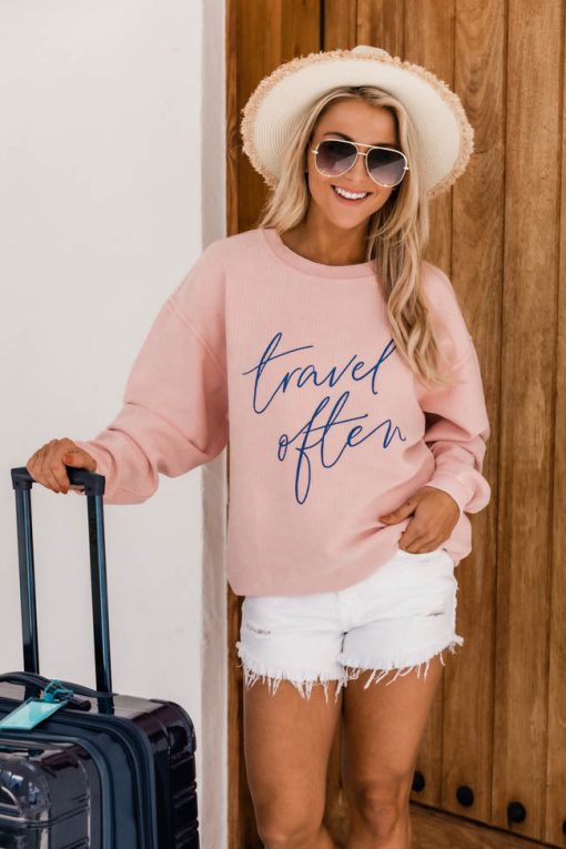 Buy ✨ Pink Lily Travel Often Pink Corded Graphic Sweatshirt 👏 -Tees Shop