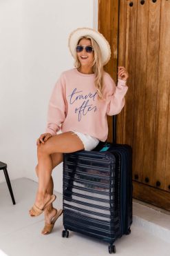 Buy ✨ Pink Lily Travel Often Pink Corded Graphic Sweatshirt 👏 -Tees Shop 1K0A7461 650x