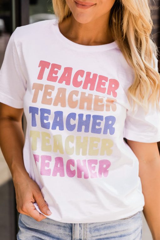 Outlet 🤩 Pink Lily Teacher Multi White Graphic Tee 👏 -Tees Shop