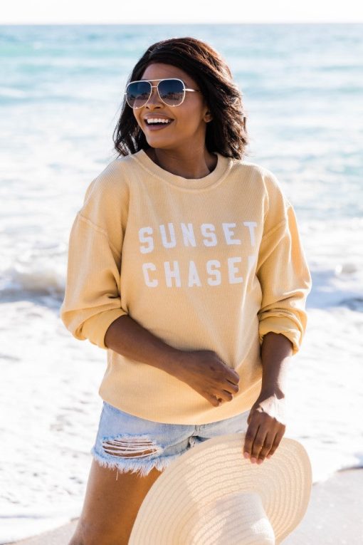 Outlet ❤️ Pink Lily Sunset Chaser Gold Corded Graphic Sweatshirt 🥰 -Tees Shop